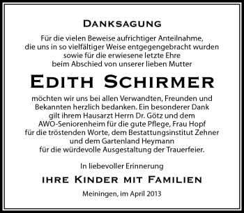 Traueranzeige von Edith Schirmer von Südthüringer Presse