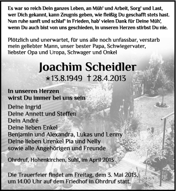 Traueranzeige von Joachim Scheidler von Südthüringer Presse