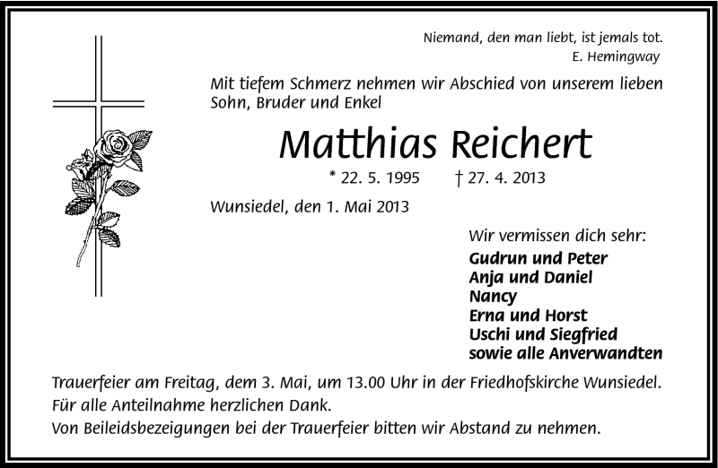  Traueranzeige für Matthias Reichert vom 01.05.2013 aus Frankenpost