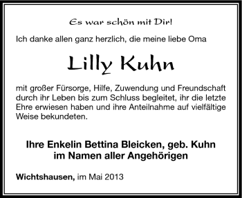 Traueranzeige von Lilly Kuhn von Südthüringer Presse