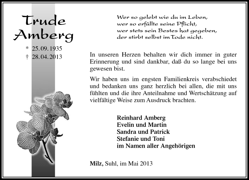  Traueranzeige für Trude Amberg vom 14.05.2013 aus Südthüringer Presse