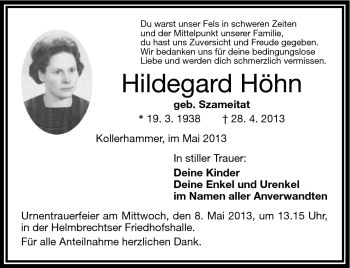 Traueranzeige von Hildegard Höhn von Frankenpost
