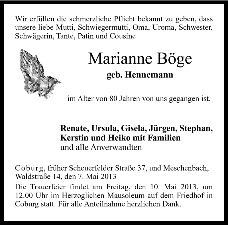  Traueranzeige für Marianne Böge vom 07.05.2013 aus Neue Presse Coburg