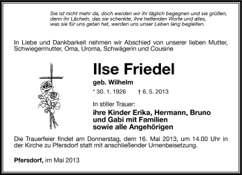 Traueranzeige von Ilse Friedel von Südthüringer Presse