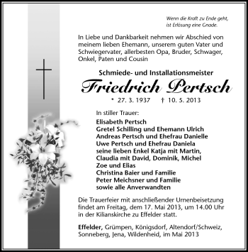 Traueranzeige von Friedrich Pertsch von Südthüringer Presse