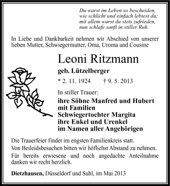 Traueranzeige von Leoni Ritzmann von Südthüringer Presse