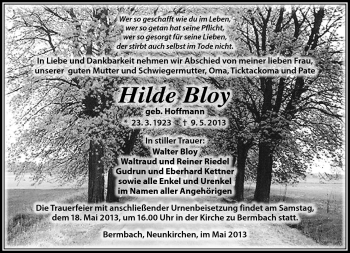 Traueranzeige von Hilde Bloy von Südthüringer Presse