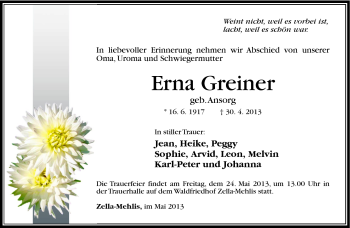 Traueranzeige von Erna Greiner von Südthüringer Presse