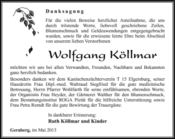 Traueranzeige von Wolfgang Köllmar von Südthüringer Presse