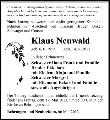 Traueranzeige von Klaus Neuwald von Südthüringer Presse
