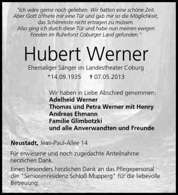Traueranzeige von Hubert Werner von Neue Presse Coburg