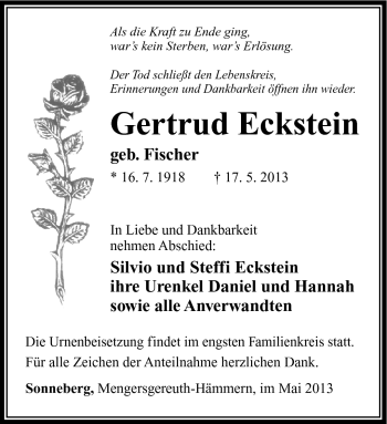 Traueranzeige von Gertrud Eckstein von Südthüringer Presse