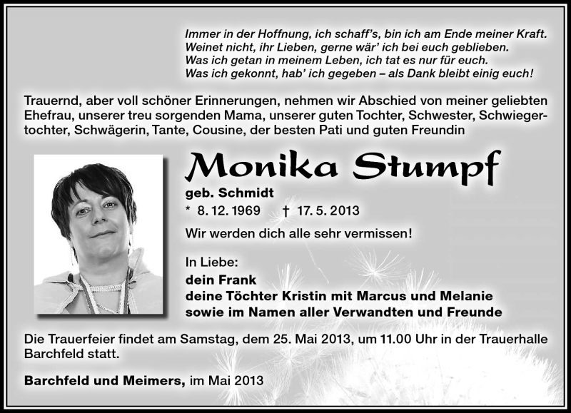  Traueranzeige für Monika Stumpf vom 22.05.2013 aus Südthüringer Presse