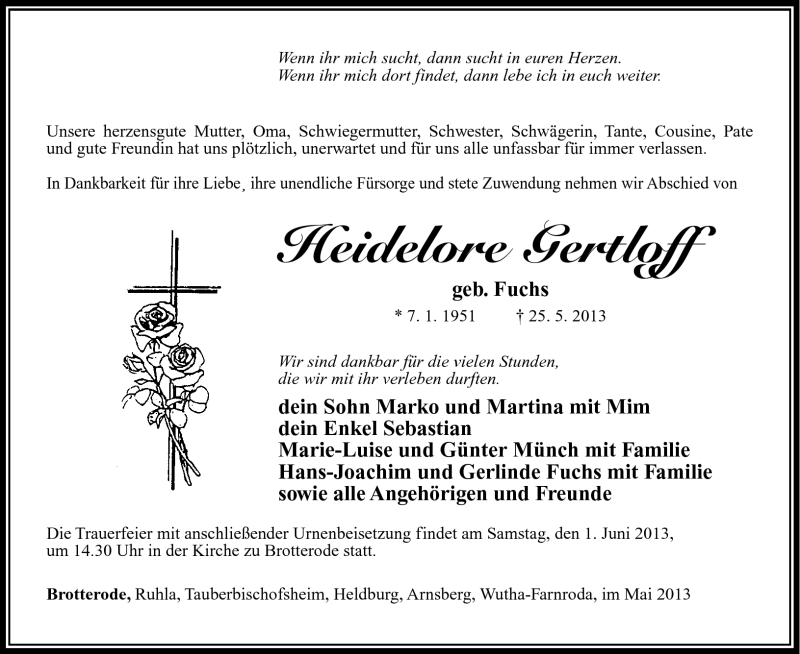  Traueranzeige für Heidelore Gertloff vom 29.05.2013 aus Südthüringer Presse