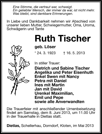 Traueranzeige von Ruth Tischer von Südthüringer Presse