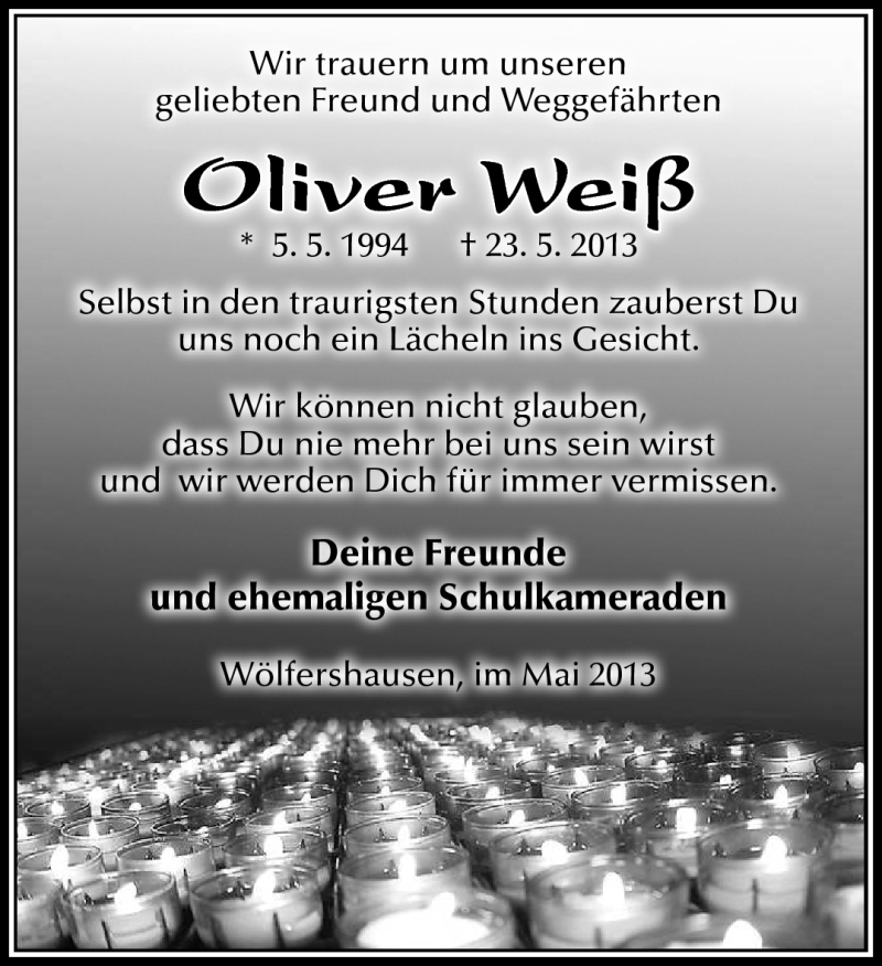  Traueranzeige für Oliver Weiß vom 31.05.2013 aus Südthüringer Presse