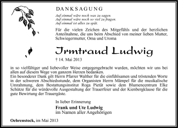 Traueranzeige von Irmtraud Luddwig von Südthüringer Presse