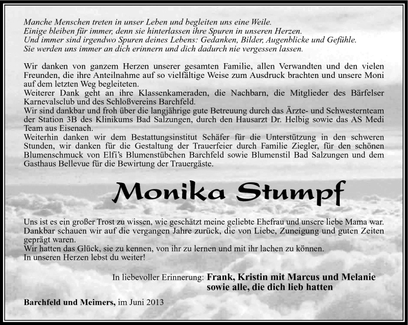  Traueranzeige für Monika Stumpf vom 04.06.2013 aus Südthüringer Presse