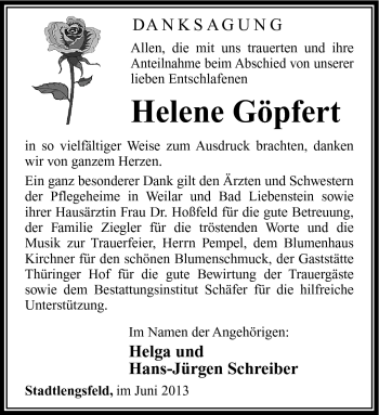 Traueranzeige von Helene Göpfert von Südthüringer Presse