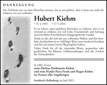 Traueranzeige von Hubert Kiehm von Südthüringer Presse