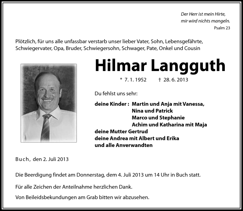  Traueranzeige für Hilmar Langguth vom 02.07.2013 aus Neue Presse Coburg