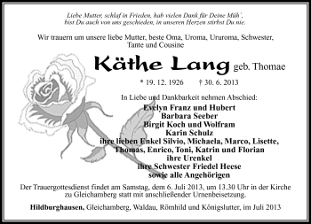 Traueranzeige von Käthe Lang von Südthüringer Presse