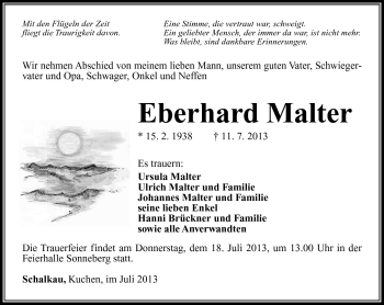 Traueranzeige von Eberhard Malter von Südthüringer Presse