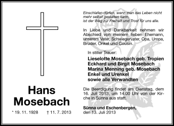 Traueranzeige von Hans Mosebach von Südthüringer Presse