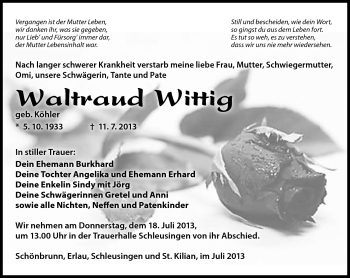 Traueranzeige von Waltraud Wittig von Südthüringer Presse