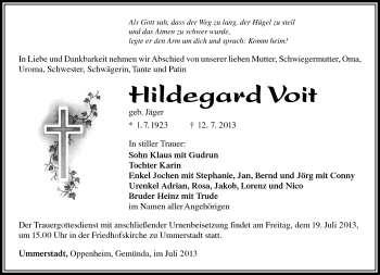 Traueranzeige von Hildegard Voit von Südthüringer Presse