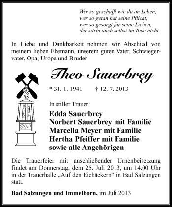 Traueranzeige von Theo Sauerbrey von Südthüringer Presse
