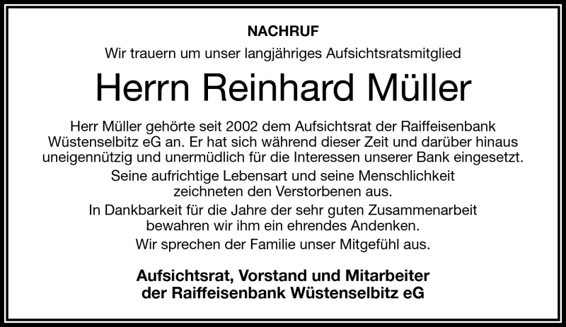 Traueranzeige für Reinhard Müller vom 18.07.2013 aus Frankenpost