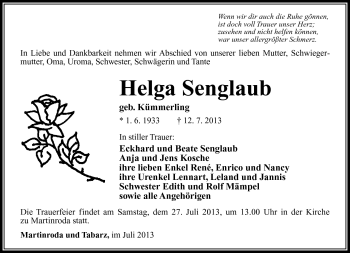 Traueranzeige von Helga Senglaub von Südthüringer Presse