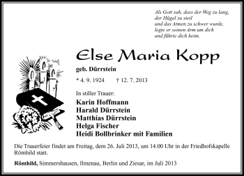 Traueranzeige von Else Maria Kopp von Südthüringer Presse