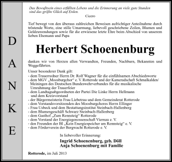 Traueranzeige von Herbert Schoenenburg von Südthüringer Presse