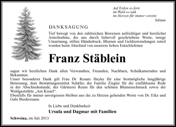 Traueranzeige von Franz Stäblein von Südthüringer Presse