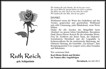 Traueranzeige von Ruth Reich von Südthüringer Presse