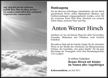 Traueranzeige von Anton Werner Hirsch von Südthüringer Presse