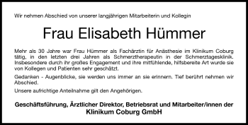 Traueranzeige von Elisabeth Hümmer von Neue Presse Coburg