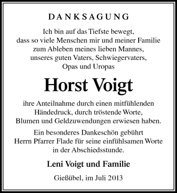 Traueranzeige von Horst Voigt von Südthüringer Presse