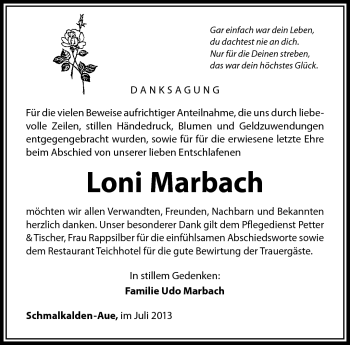 Traueranzeige von Loni Marbach von Südthüringer Presse