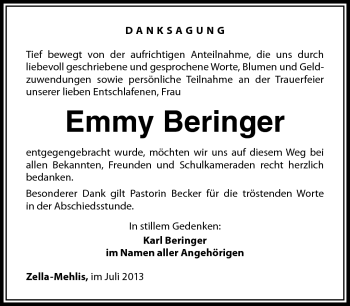 Traueranzeige von Emmy Beringer von Südthüringer Presse