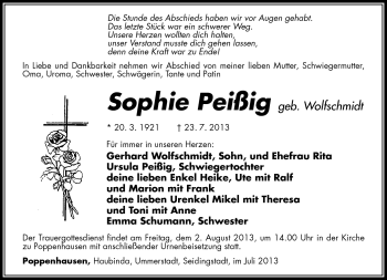 Traueranzeige von Sophie Peißig von Südthüringer Presse