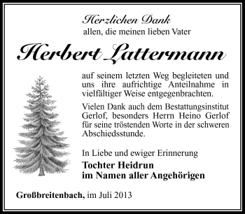 Traueranzeige von Herbert Lattermann von Südthüringer Presse