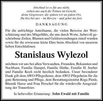 Traueranzeige von Stanislaus Wylezol von Südthüringer Presse