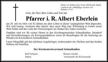 Traueranzeige von Albert Eberlein von Südthüringer Presse