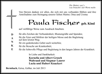 Traueranzeige von Paula Fischer von Südthüringer Presse