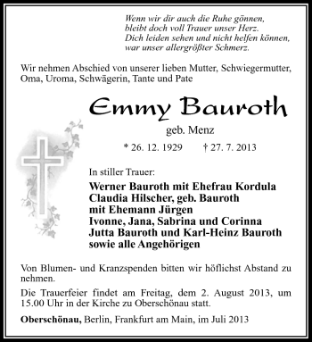 Traueranzeige von Emmy Bauroth von Südthüringer Presse