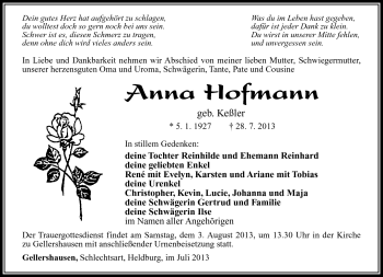 Traueranzeige von Anna Hofmann von Südthüringer Presse