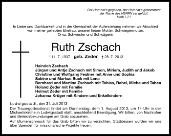 Traueranzeige von Ruth Zschach von Neue Presse Coburg